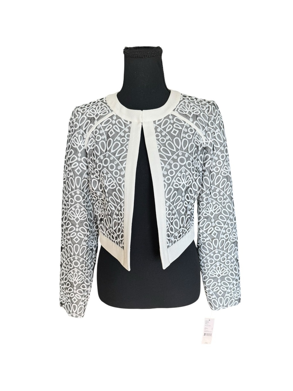 Katherine Kelly Open Front Cropped Jacket Gray White Geometric Career Chic 2